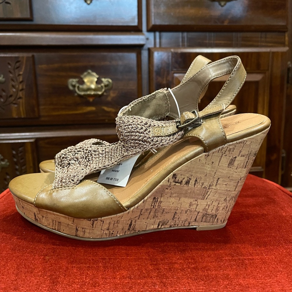 New! Tan Wedge Sandals with Cork Heel
